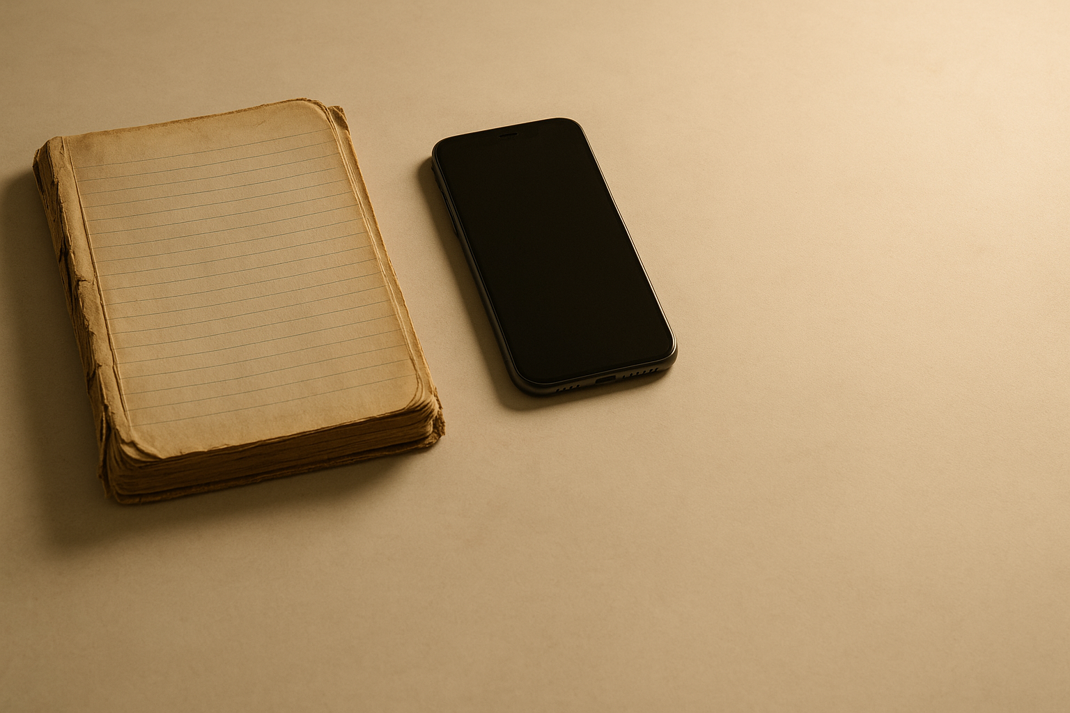 A worn notebook and a phone on a pale desk, suggesting an outdated site
