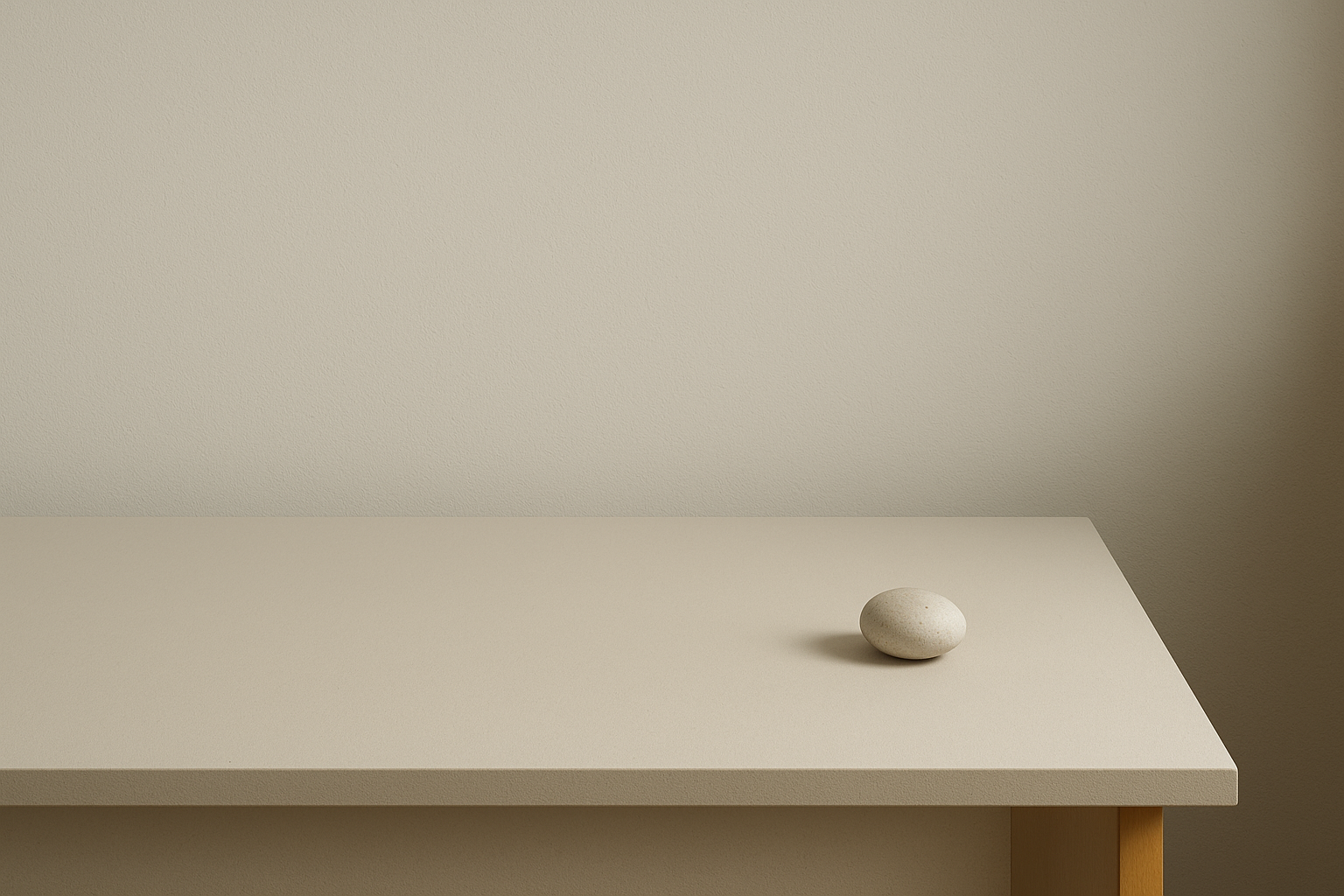 A calm, mostly empty desk with a single object, suggesting deliberate restraint