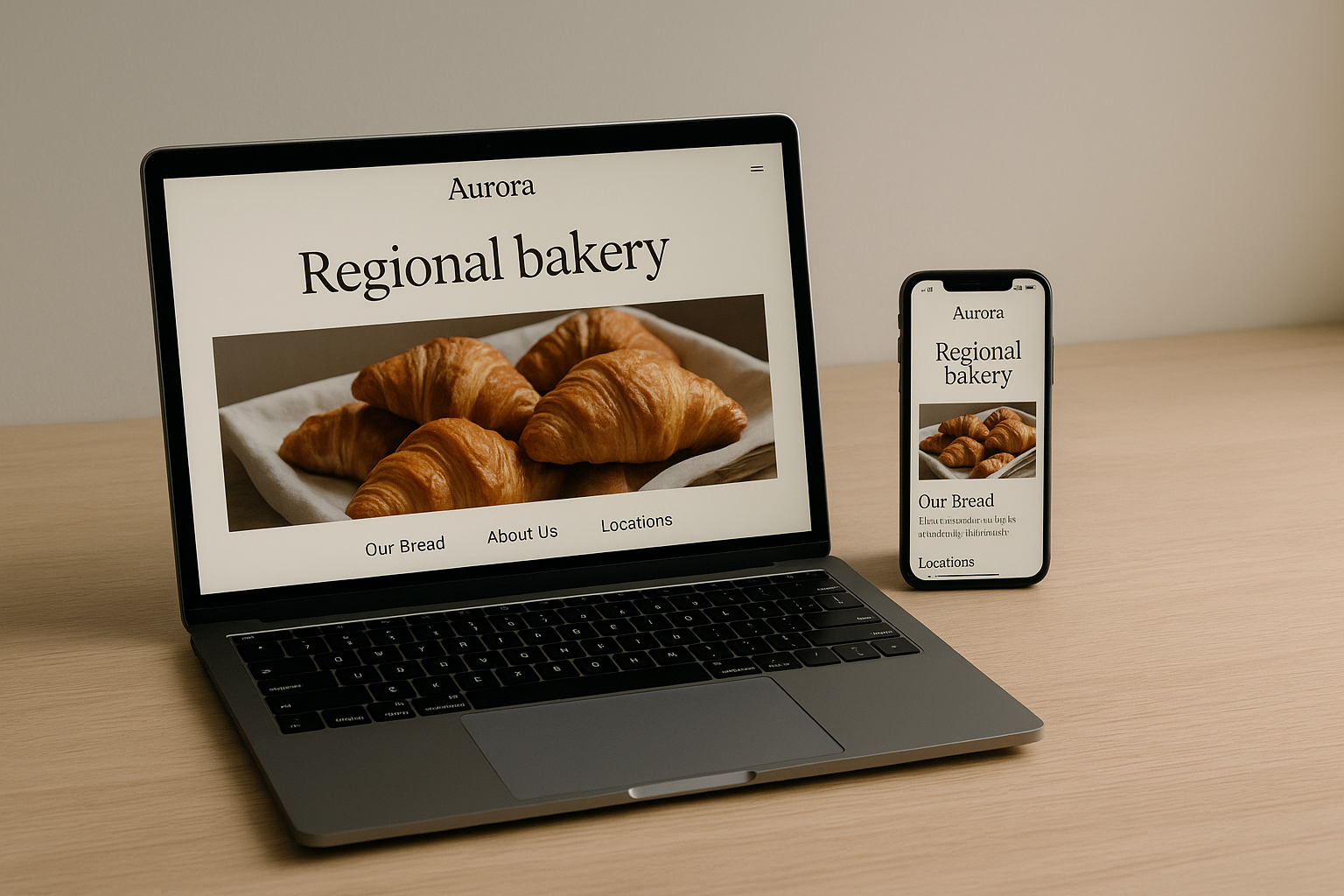 Aurora Bakehouse website shown on a laptop and phone