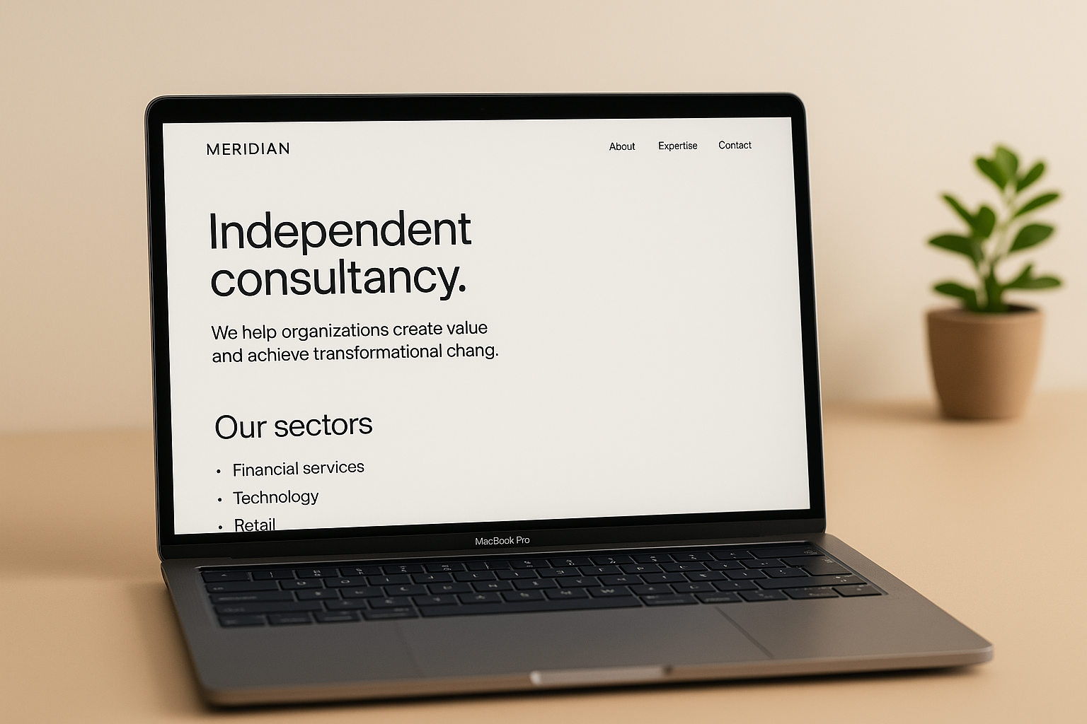 Meridian Consulting website shown on a laptop with a clean layout